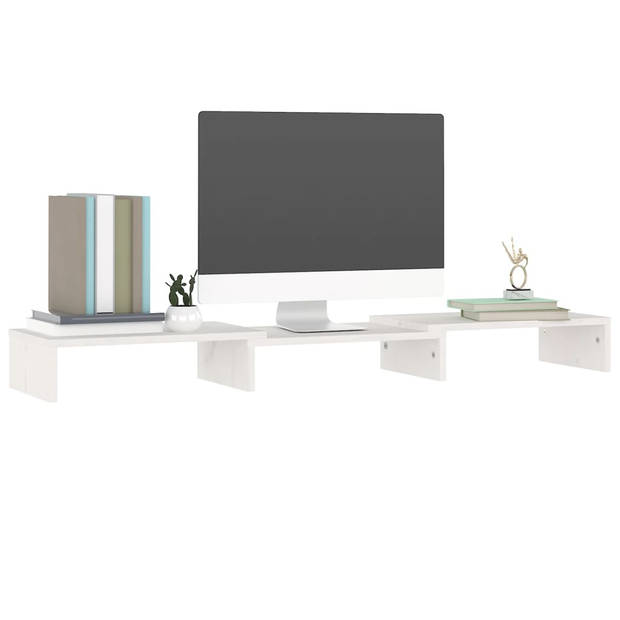 The Living Store Monitorstandaard - Verstelbare lengte 80x24x10.5 cm - Massief grenenhout - Wit