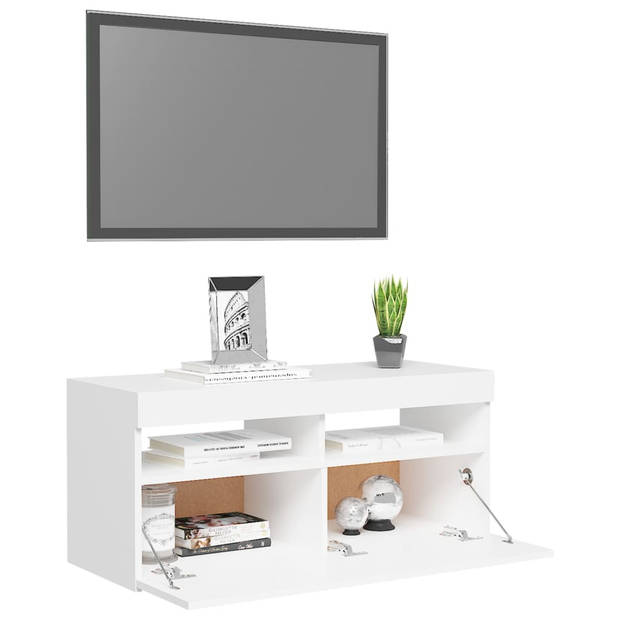 The Living Store TV-meubel - LED-verlichting - wit - bewerkt hout - 90x35x40cm