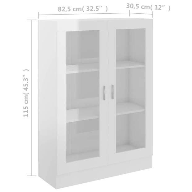 The Living Store Vitrinekast - Hoogglans wit - 82.5 x 30.5 x 115 cm - 3 vakken - 2 deuren