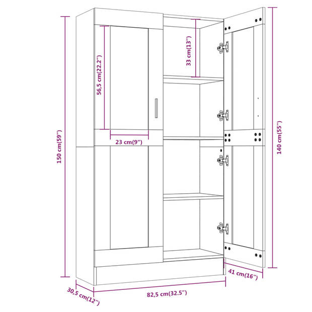 The Living Store gerookt eiken Vitrinekast - 82.5 x 30.5 x 150 cm - 4 vakken - 2 glazen deuren