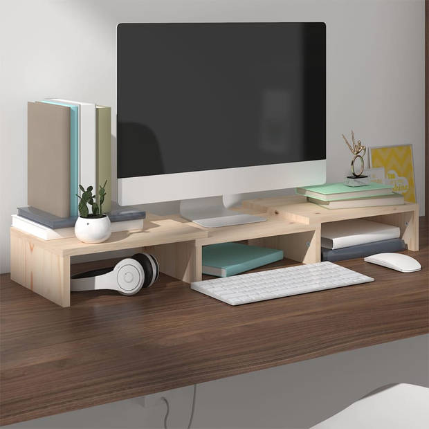 The Living Store Monitorstandaard - Grenenhout - 60 x 24 x 10.5 cm - Verstelbaar en draaibaar