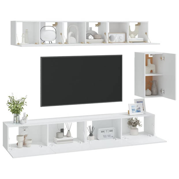 The Living Store TV-meubelset Classic - 60x30x30 cm - 30.5x30x60 cm - 100x30x30 cm - Wit - Bewerkt hout