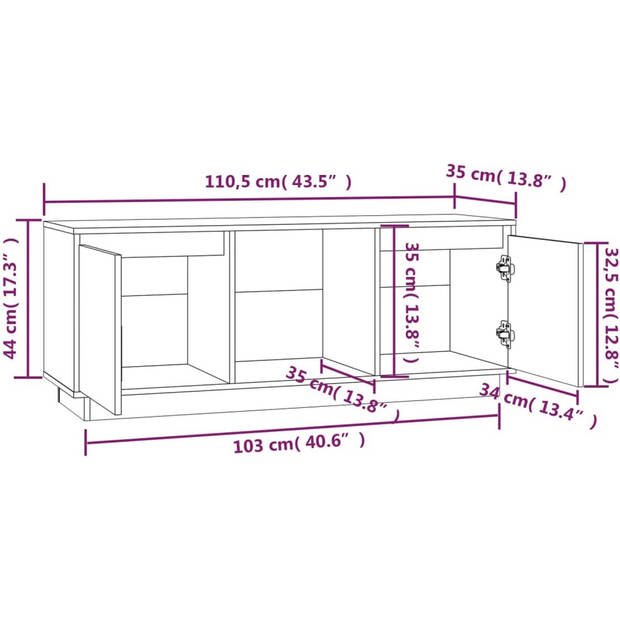 The Living Store Tv-meubel Grenenhout - Wit - 110.5 x 35 x 44 cm - Stereokast met Voldoende Opbergruimte