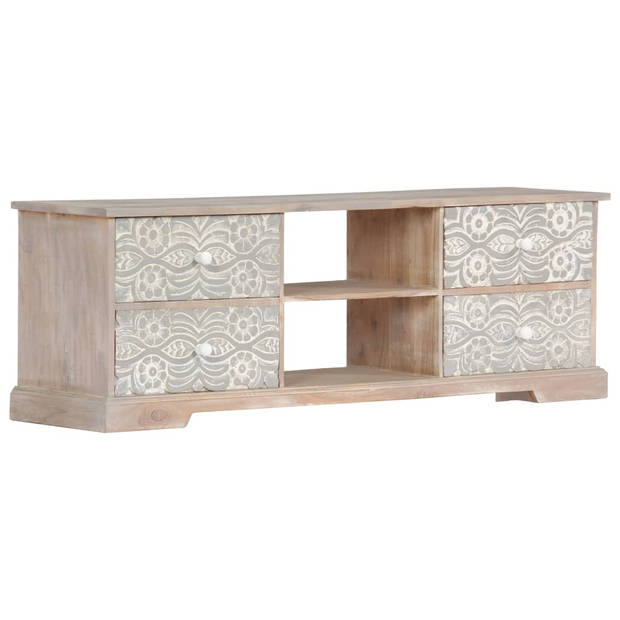 The Living Store Tv-meubel Acacia - 120x30x40 cm - wit/grijs - handgesneden patronen - 2 vakken en 4 lades