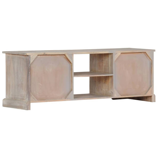 The Living Store Tv-meubel Acacia - 120x30x40 cm - wit/grijs - handgesneden patronen - 2 vakken en 4 lades