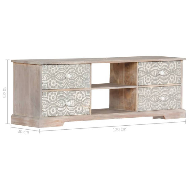 The Living Store Tv-meubel Acacia - 120x30x40 cm - wit/grijs - handgesneden patronen - 2 vakken en 4 lades