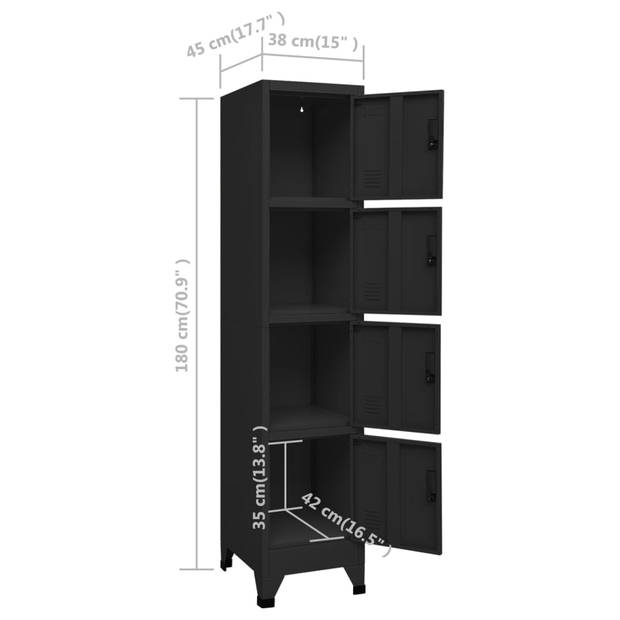 The Living Store Lockerkast - Zwart - Staal - 38x45x180 cm - Afsluitbare deuren