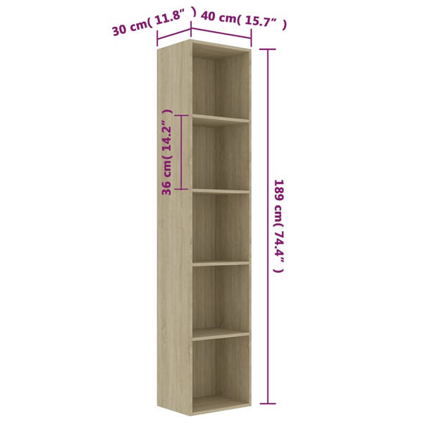 The Living Store Boekenkast - Sonoma Eiken - 40x30x189 cm - 5 schappen