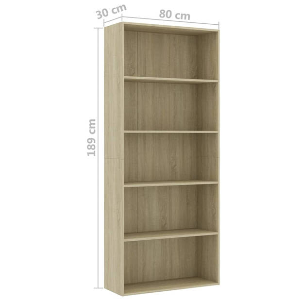 vidaXL Boekenkast 5 schappen 80x30x189 cm bewerkt hout sonoma eiken