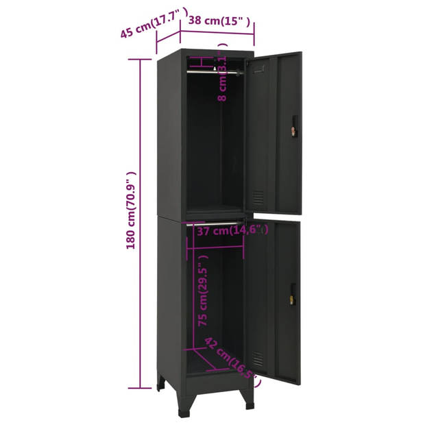 The Living Store lockerkast - antraciet - 38 x 45 x 180 cm - stalen opbergkast