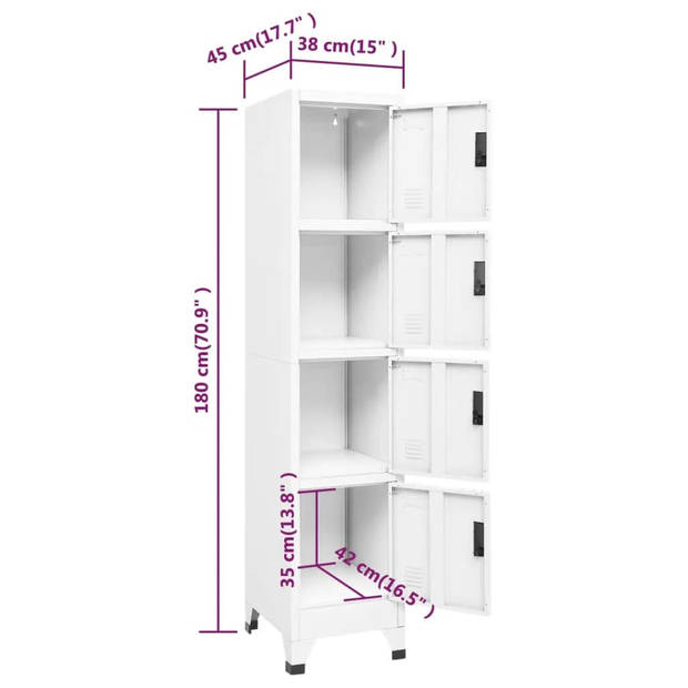 The Living Store Lockerkast - Staal - 38 x 45 x 180 cm - Wit - 4 afsluitbare deuren