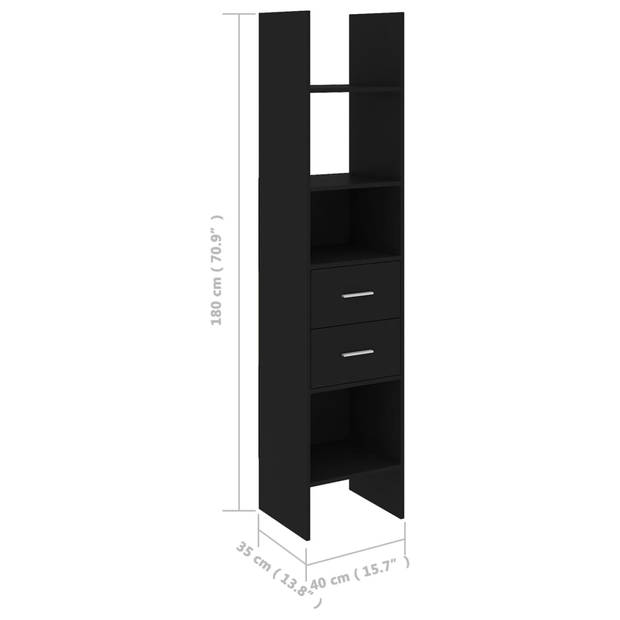 The Living Store Opbergkast Zwart 40x35x180 cm - Stevig en Duurzaam - 4 Vakken - 2 Lades