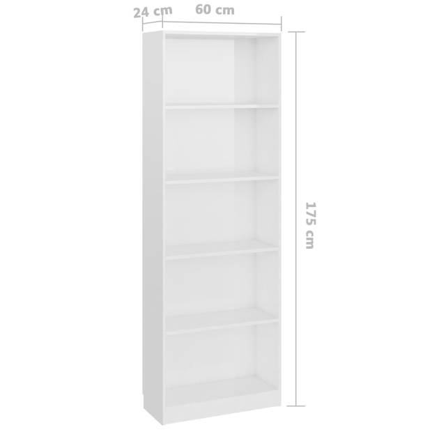 The Living Store Boekenkast Hoogglans Wit - 60x24x175 cm - 5 schappen