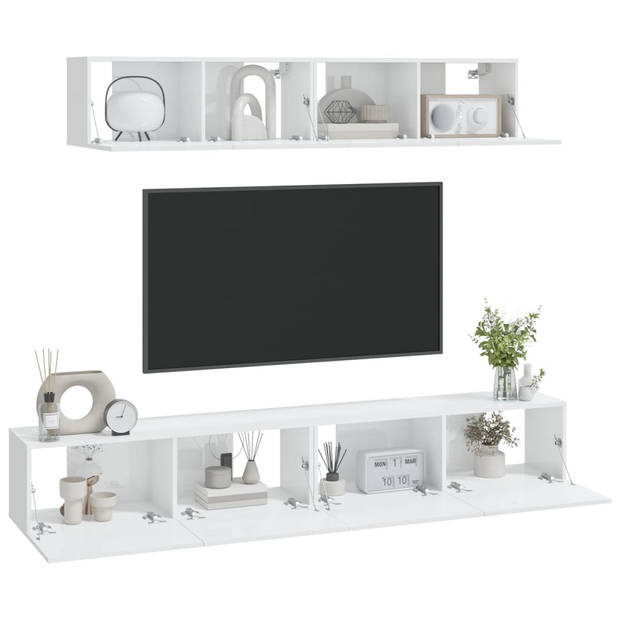 The Living Store Televisiemeubel Set - Hoogglans Wit - 2x 80 x 30 x 30 cm - 2x 100 x 30 x 30 cm