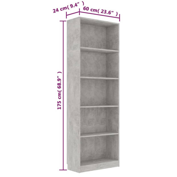 The Living Store Boekenkast - Betongrijs - 60 x 24 x 175 cm - Hoogwaardig bewerkt hout