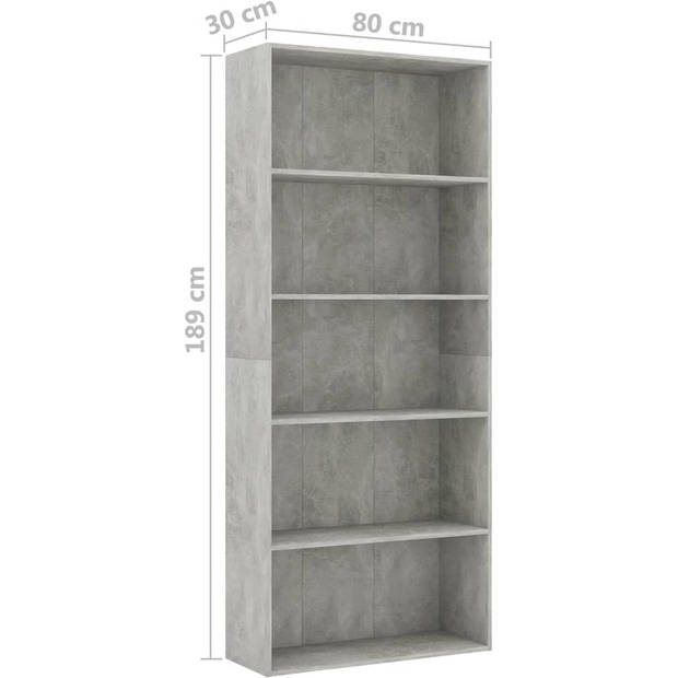 The Living Store Boekenkast - Betongrijs - 80 x 30 x 189 cm - 5 schappen