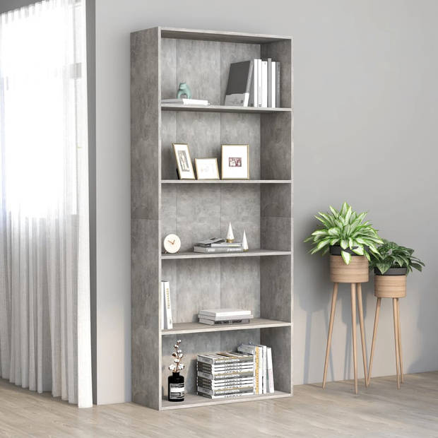 The Living Store Boekenkast - Betongrijs - 80 x 30 x 189 cm - 5 schappen