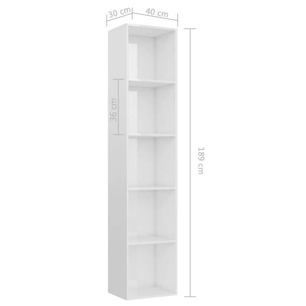 The Living Store Boekenkast - Hoogglans wit - 40 x 30 x 189 cm - 5 schappen