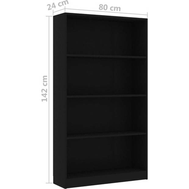 The Living Store Boekenkast - Zwart - 80 x 24 x 142 cm - 4-laags ontwerp