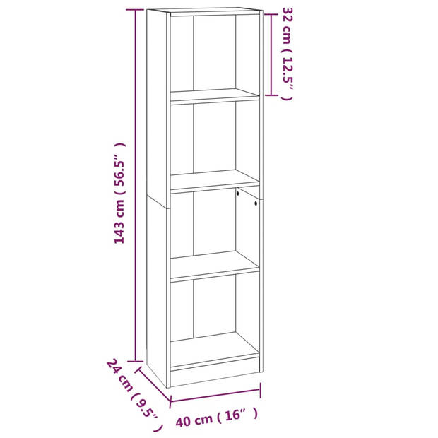 vidaXL Boekenkast met 4 schappen 40x24x143 cm bewerkt hout bruineiken