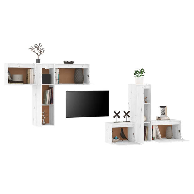 The Living Store Wandkasten - Televisiemeubel Set van 6 - Massief Grenenhout - Verschillende Maten - Wit