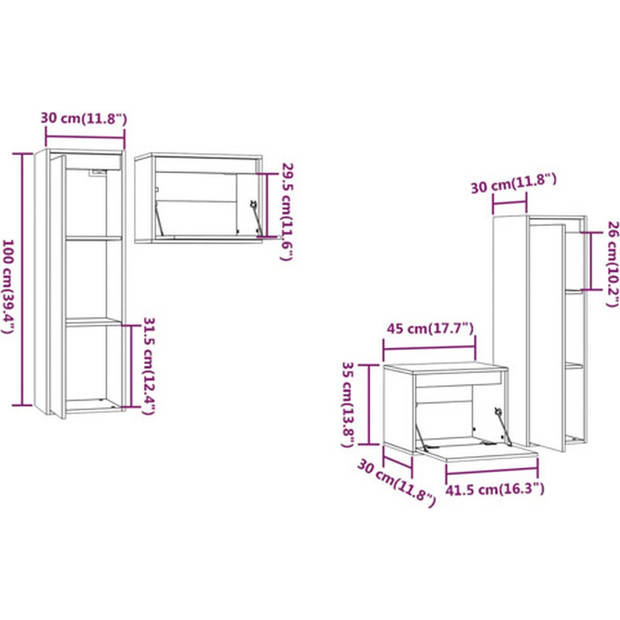 The Living Store Wandkasten TV-meubel Set - 2x 45x30x35 cm - 2x 30x30x100 cm - Massief Grenenhout - Honingbruin