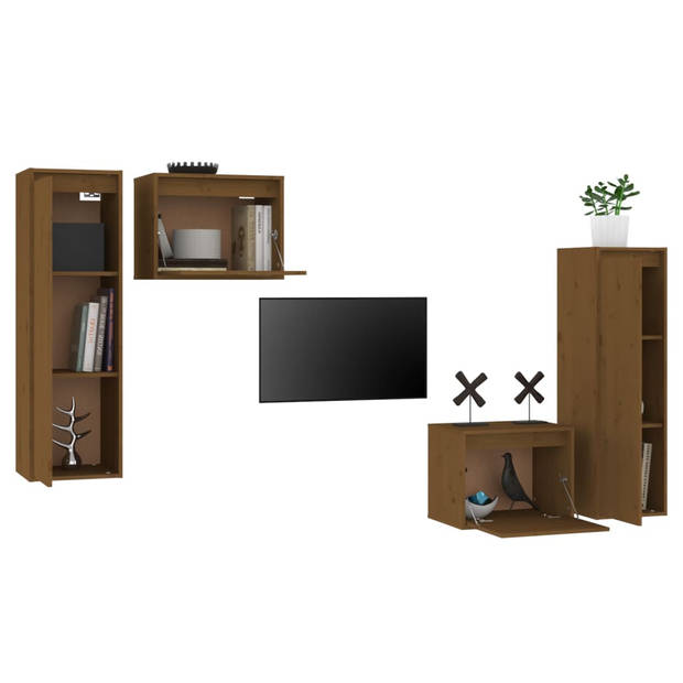 The Living Store Wandkasten TV-meubel Set - 2x 45x30x35 cm - 2x 30x30x100 cm - Massief Grenenhout - Honingbruin