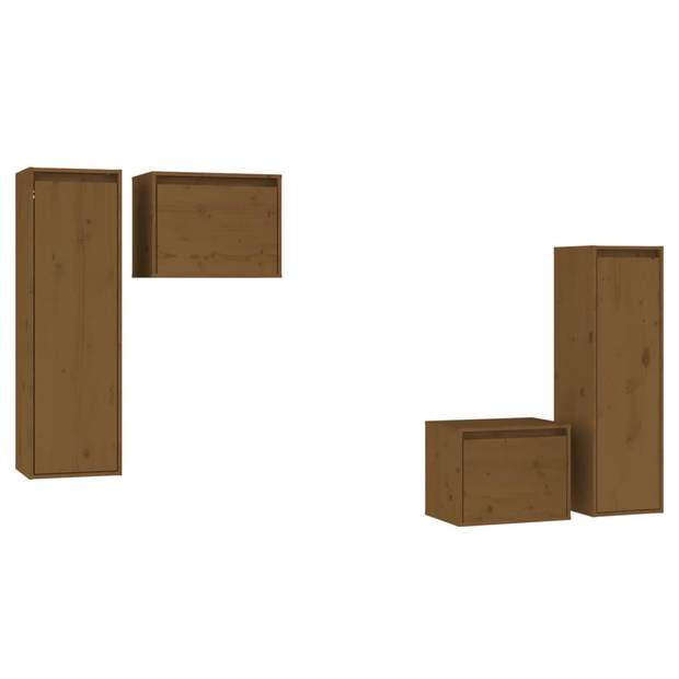 The Living Store Wandkasten TV-meubel Set - 2x 45x30x35 cm - 2x 30x30x100 cm - Massief Grenenhout - Honingbruin