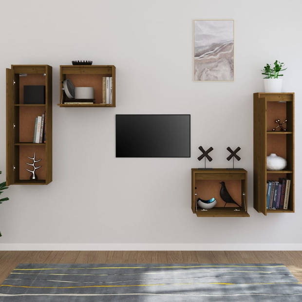 The Living Store Wandkasten TV-meubel Set - 2x 45x30x35 cm - 2x 30x30x100 cm - Massief Grenenhout - Honingbruin