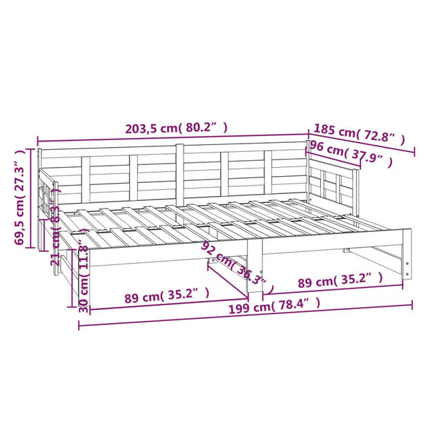 vidaXL Slaapbank uitschuifbaar massief grenenhout 2x(90x200) cm