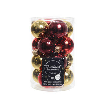 Decoris - Kerstbal glas d3.5 cm rood/goud 16st kerst