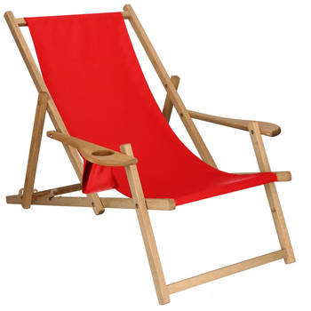 Ligbed Strandstoel Ligstoel Verstelbaar Armleuningen Beukenhout Geïmpregneerd Handgemaakt Rood