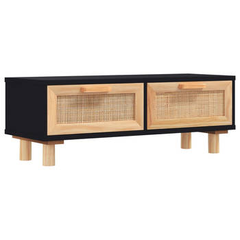 The Living Store Salontafel Naturel Rattan - 80 x 40 x 30 cm - Zwarte kleur - Hoge kwaliteit hout - 2 lades - Massief