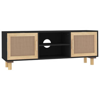 The Living Store TV-kast - Klassiek - 105x30x40 cm - Zwart - Bewerkt hout - Massief grenenhout - Rattan