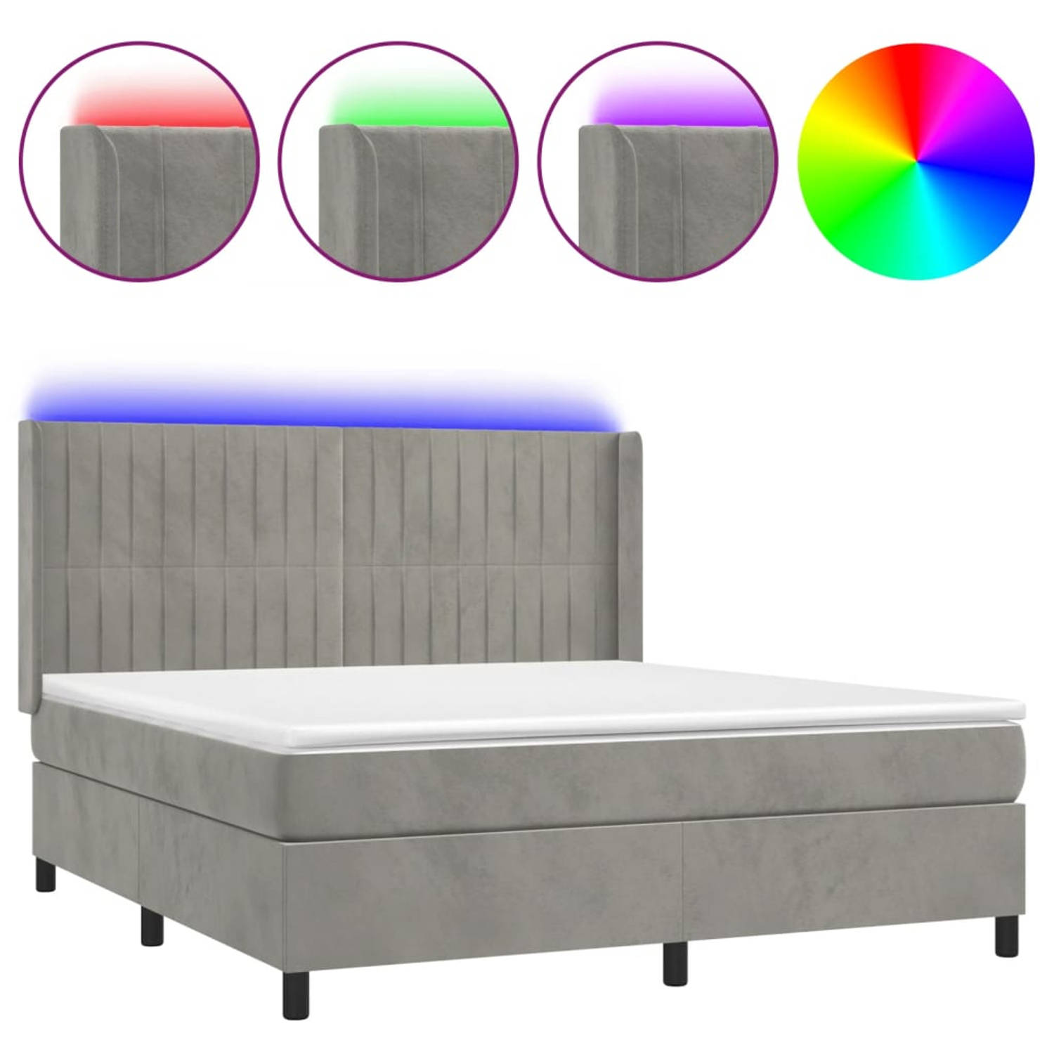 The Living Store Boxspring Bed - Zacht fluweel - Hoofdbord in hoogte verstelbaar - Kleurrijke LED-verlichting - Pocketvering matras - Huidvriendelijk topmatras - Inclusief montageh