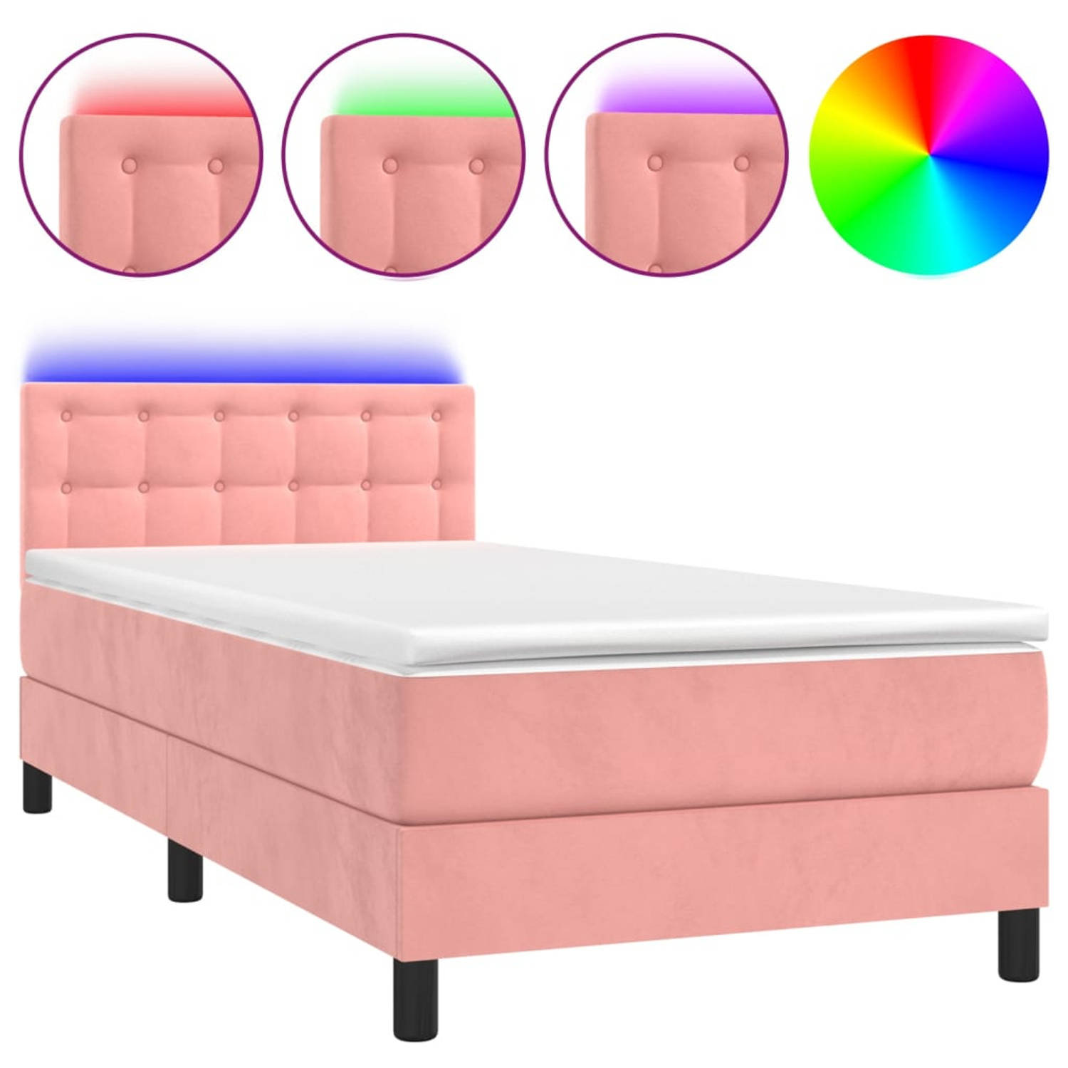 The Living Store Bed - Roze Fluweel - 203x100x78/88 cm - LED - Pocketvering - Huidvriendelijk