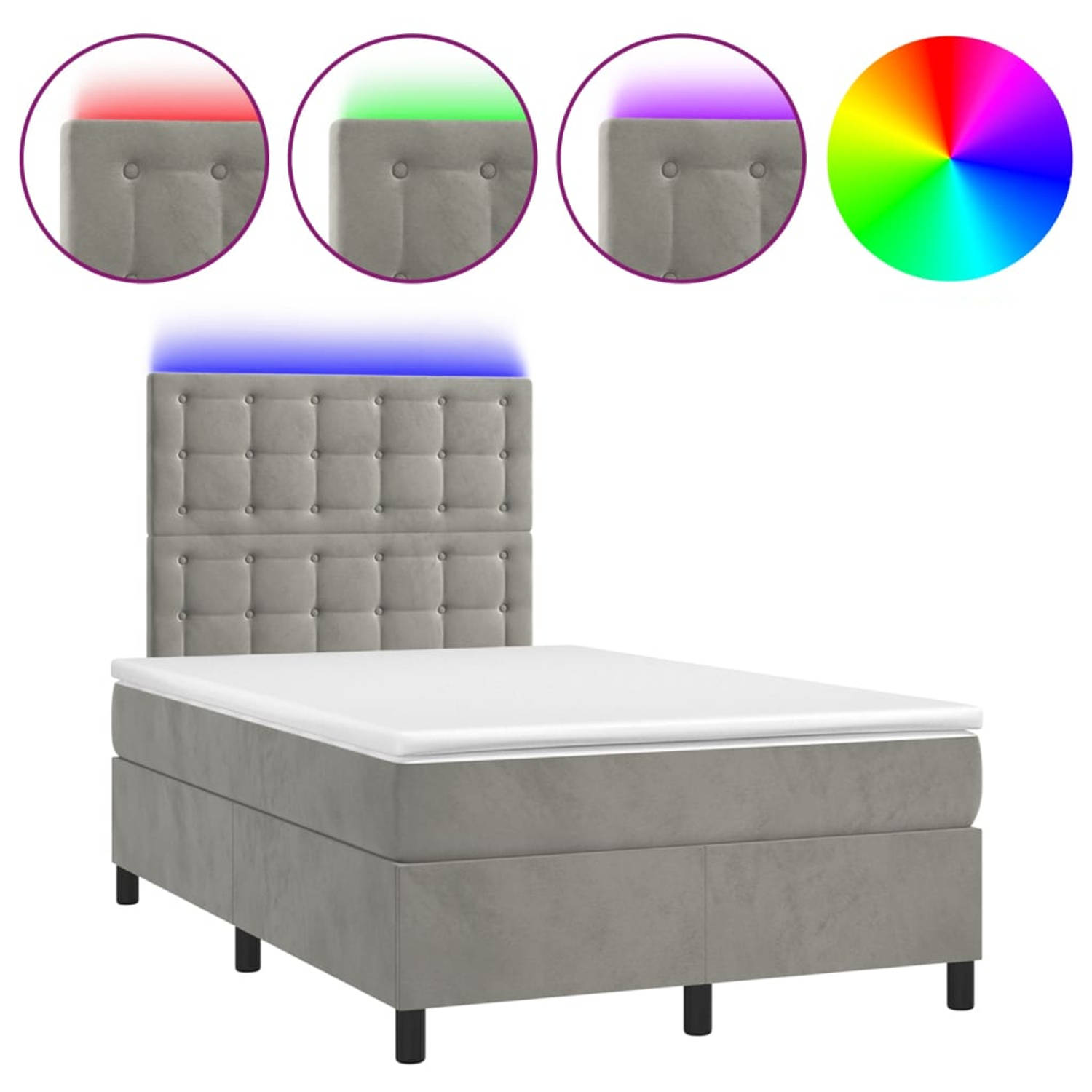 The Living Store Boxspring met matras en LED fluweel lichtgrijs 120x200 cm - Bed