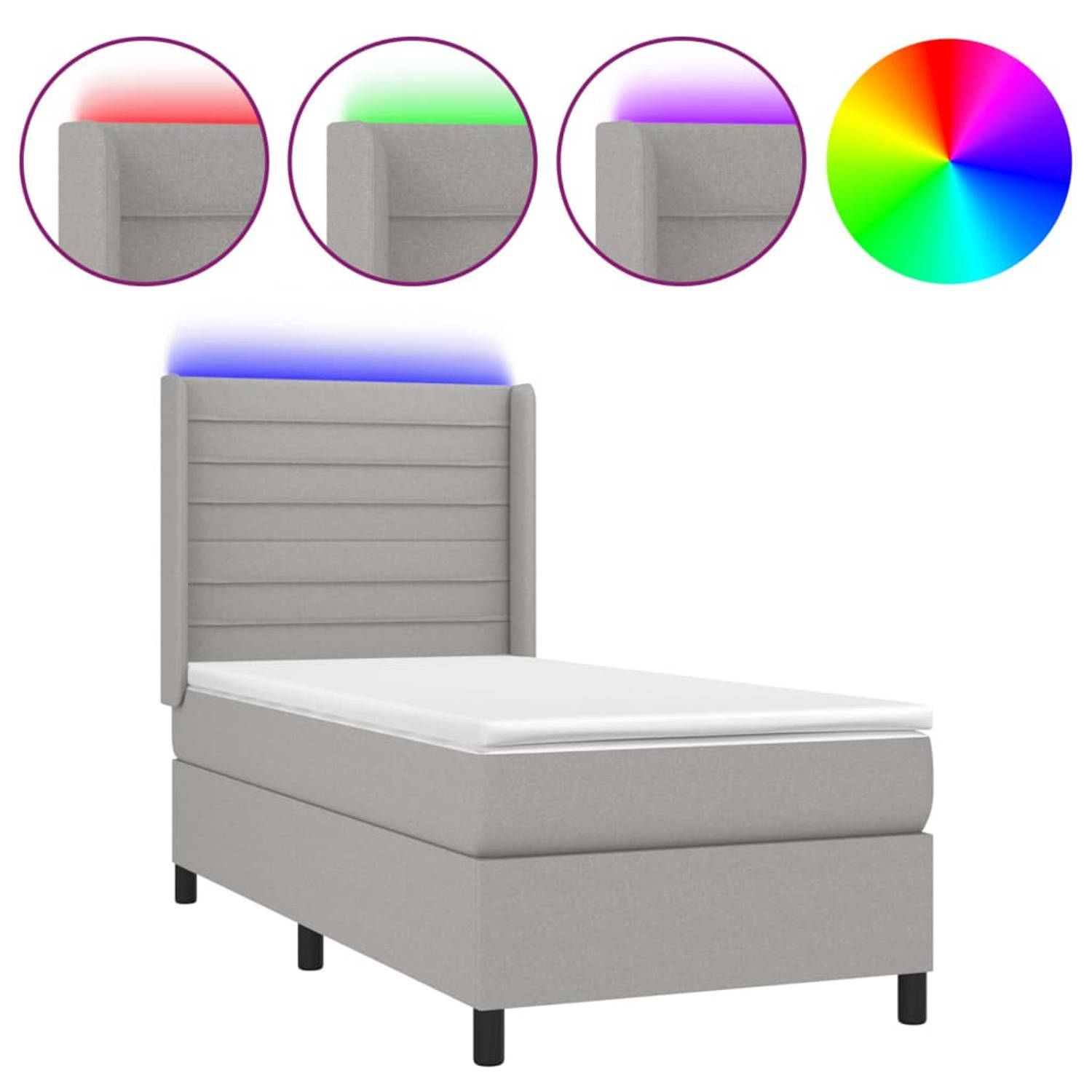 The Living Store Boxspring Bed - Lichtgrijs - 203 x 83 x 118/128 cm - Verstelbaar hoofdbord - Kleurrijke LED-verlichting - Pocketvering matras - Huidvriendelijk topmatras