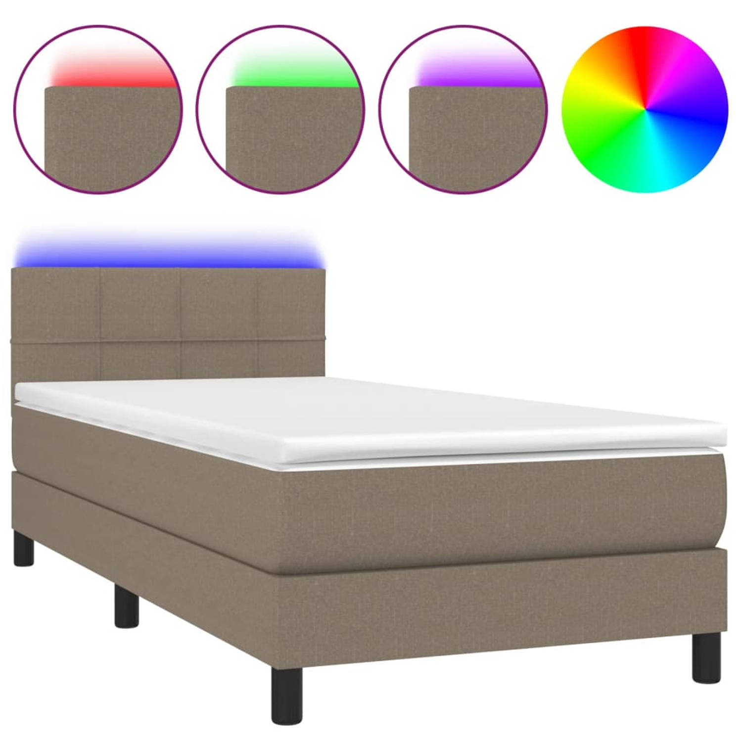 The Living Store Bed - Taupe - Stof - 203 x 100 x 78/88 cm - Hoofdbord verstelbaar - LED-verlichting - Pocketvering matras - Huidvriendelijk topmatras - Montagehandleiding - USB-aa