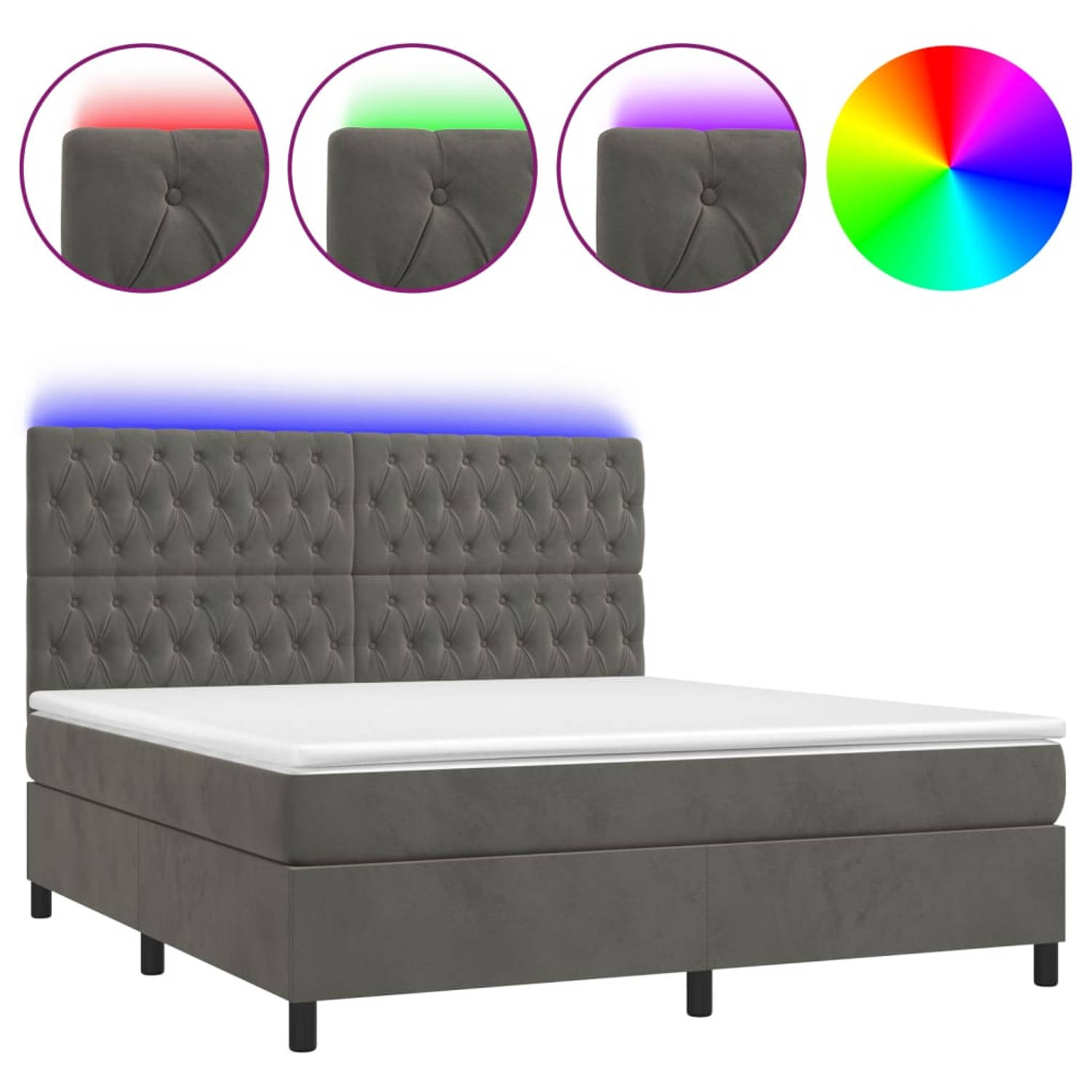 The Living Store Boxspring met matras en LED fluweel donkergrijs 160x200 cm - Bed