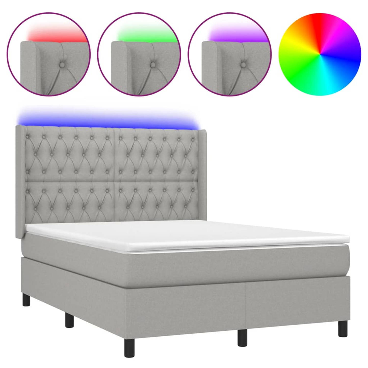 The Living Store Boxspring Bed - LED Verlichting - Pocketvering Matras - Huidvriendelijk Topmatras - Lichtgrijs - 193x147x118/128 cm