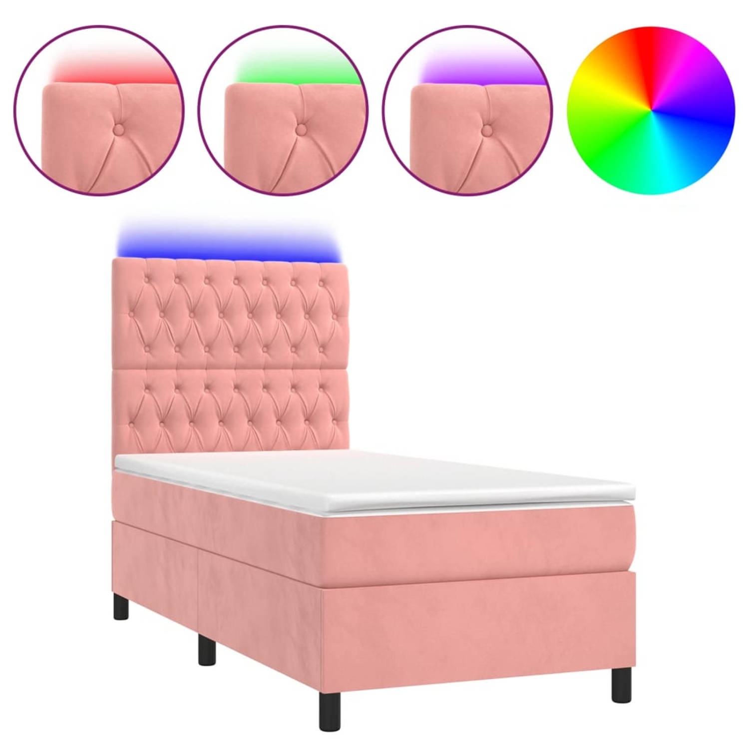 The Living Store Boxspring met matras en LED fluweel roze 80x200 cm - Bed