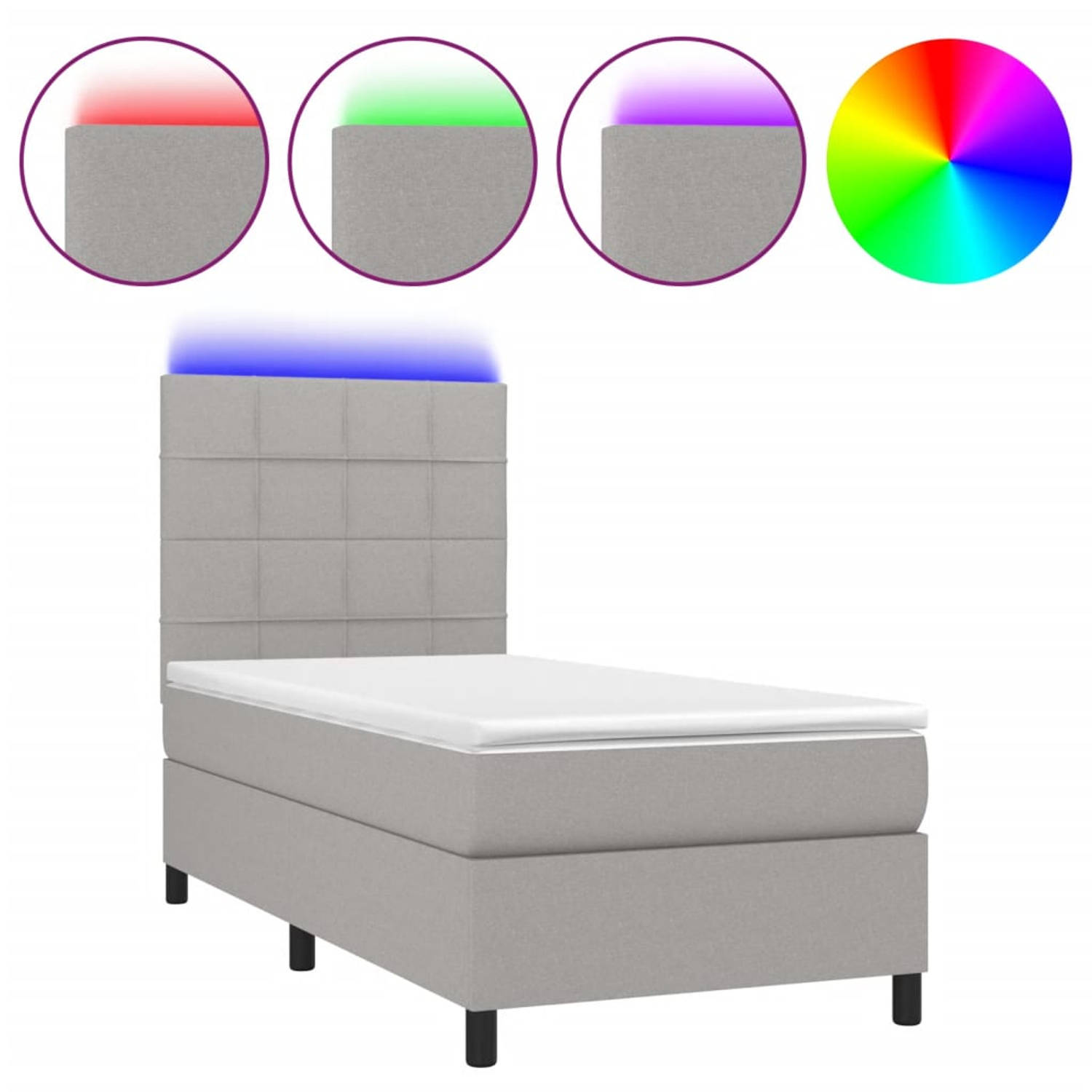 The Living Store Boxspring Bed - lichtgrijs - 203x90x118/128cm - LED verlichting - pocketvering matras - huidvriendelijk topmatras