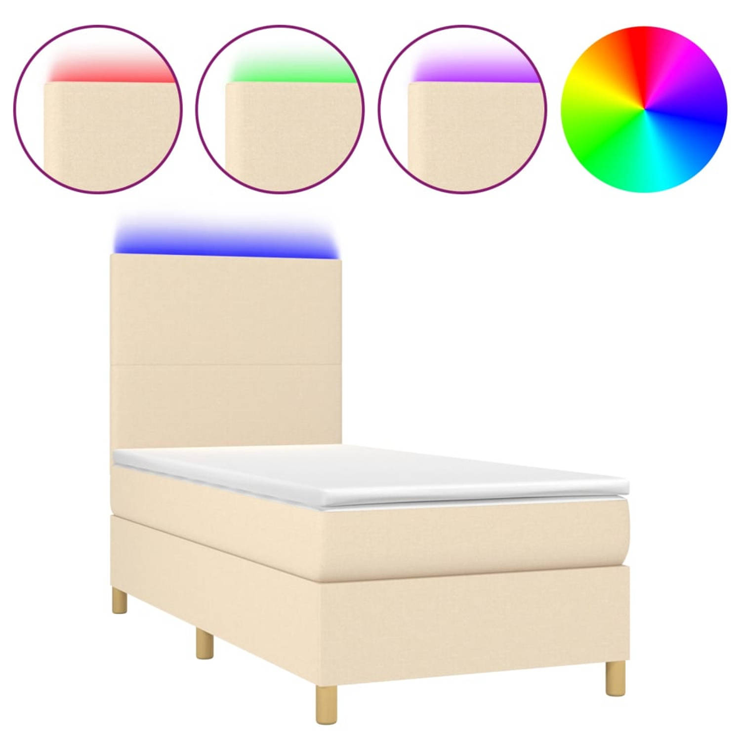 The Living Store Boxspring Crème 193x90 - Duurzaam materiaal - Verstelbaar hoofdbord - Comfortabele ondersteuning - Kleurrijke LED-verlichting - Pocketvering matras - Huidvriendeli