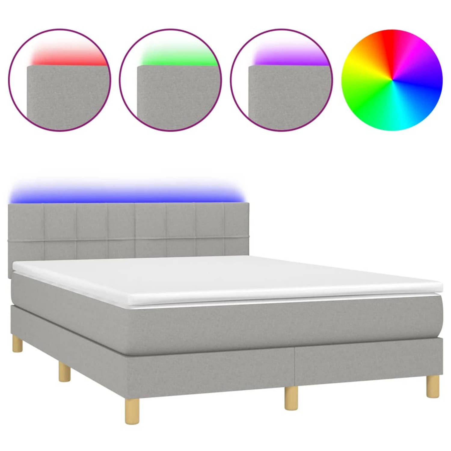 The Living Store Boxspring Bed - Lichtgrijs - 193 x 144 x 78/88 cm - Verstelbaar hoofdbord - Pocketvering matras - Huidvriendelijk topmatras - Kleurrijke LED-verlichting - Incl - m