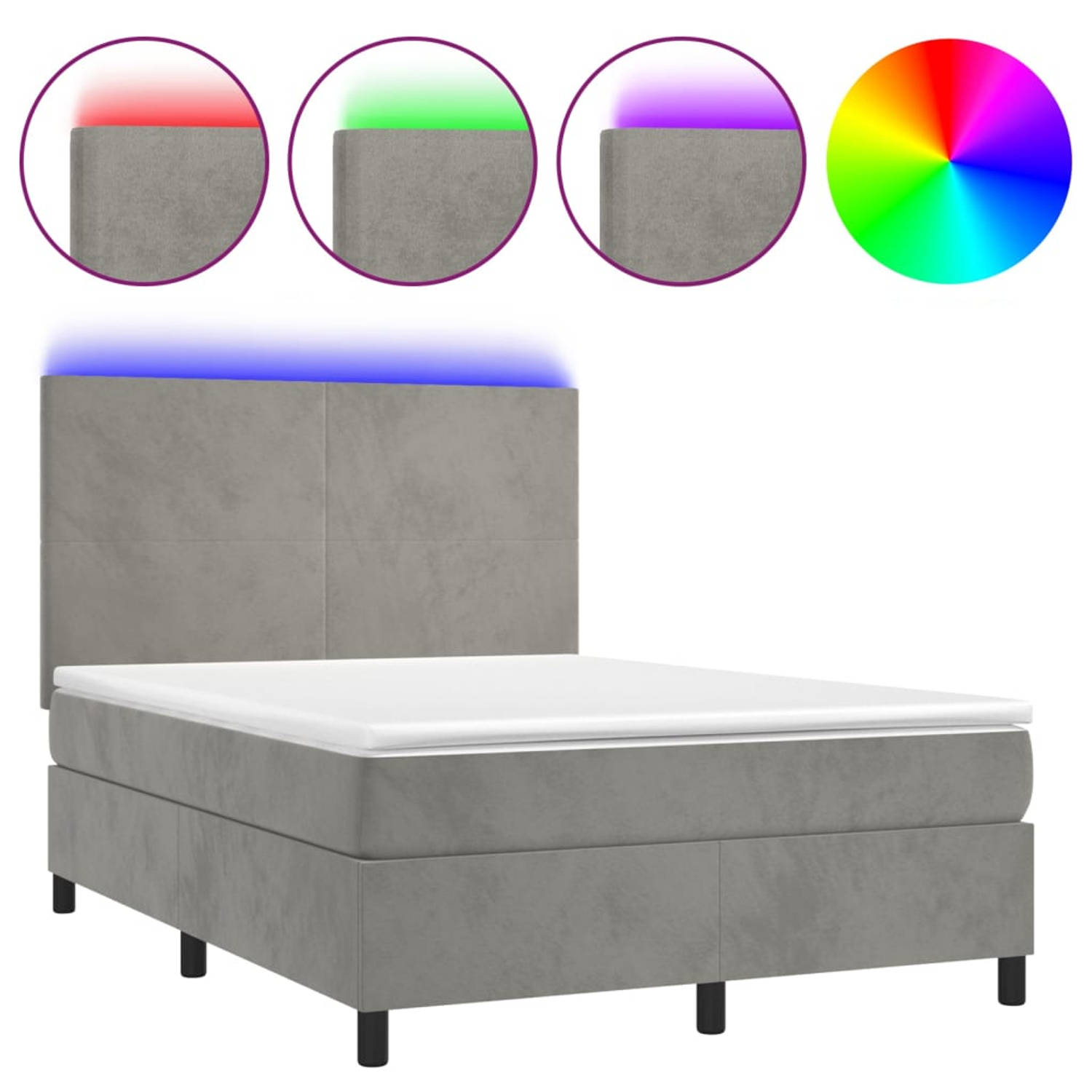 The Living Store Boxspring met matras en LED fluweel lichtgrijs 140x190 cm - Bed