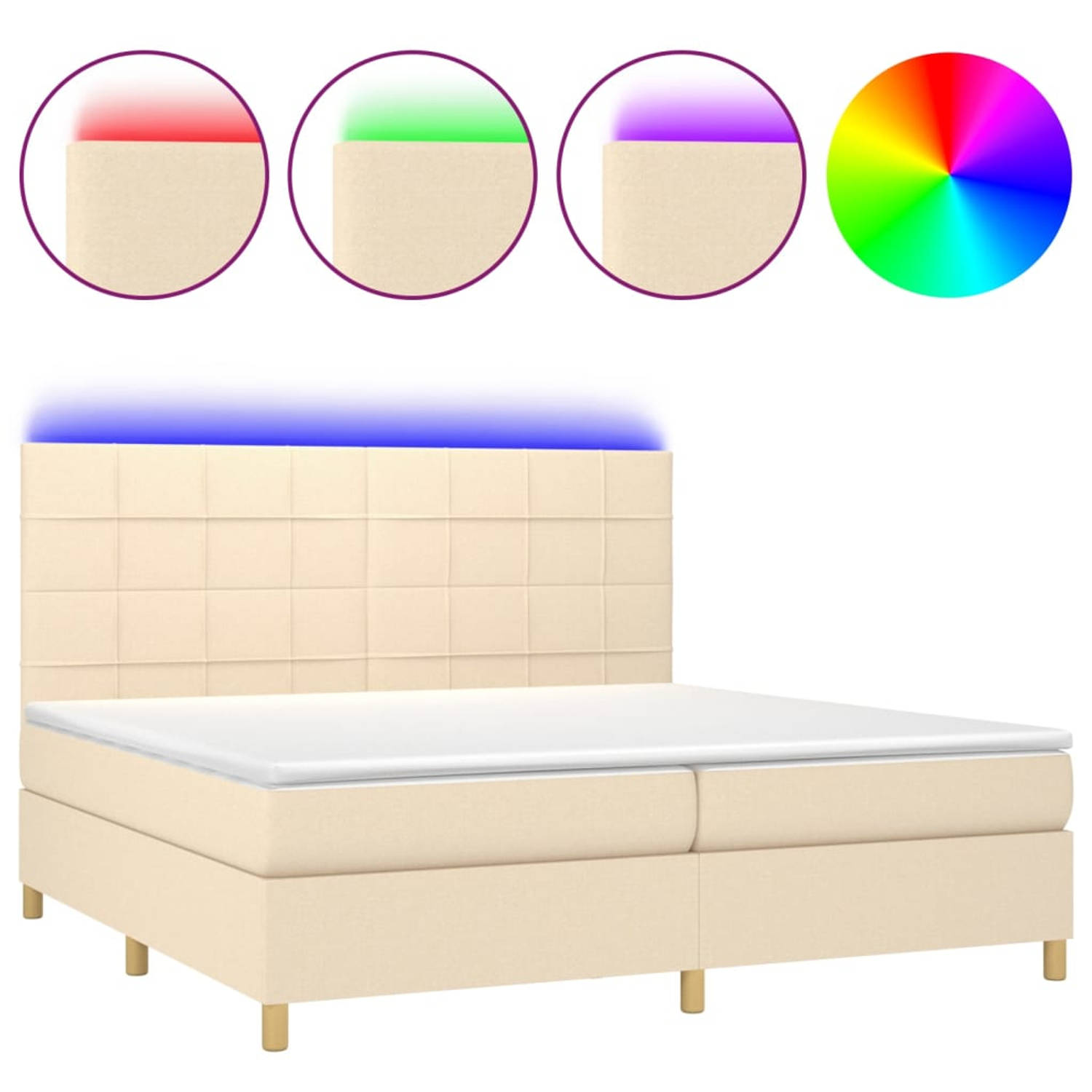 The Living Store Boxspring Bed - Crème - 203x200x118/128 cm - LED-verlichting