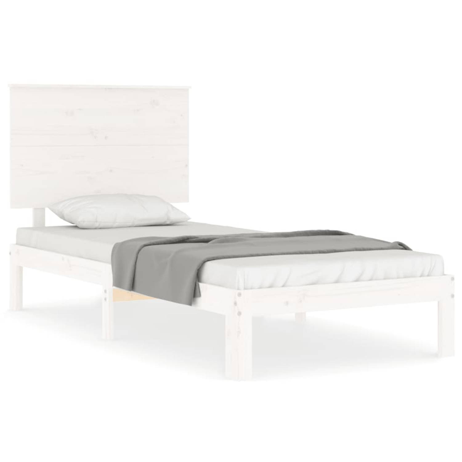 The Living Store Bedframe met hoofdbord massief hout wit 90x200 cm - Bedframe - Bedframes - Bed - Eenpersoonsbed - Slaapkamermeubel - Houten Bedframe - Houten Bed - Bedbodem - Mass