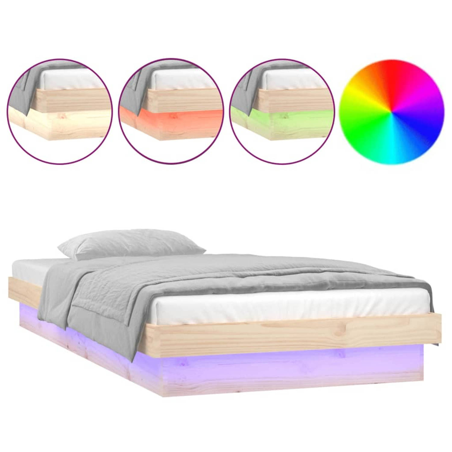 The Living Store Bedframe LED massief hout 75x190 cm 2FT6 Small Single - Bedframe - Bedframes - Eenpersoonsbed - Bed - Bedombouw - Ledikant - Houten Bedframe - Eenpersoonsbedden -