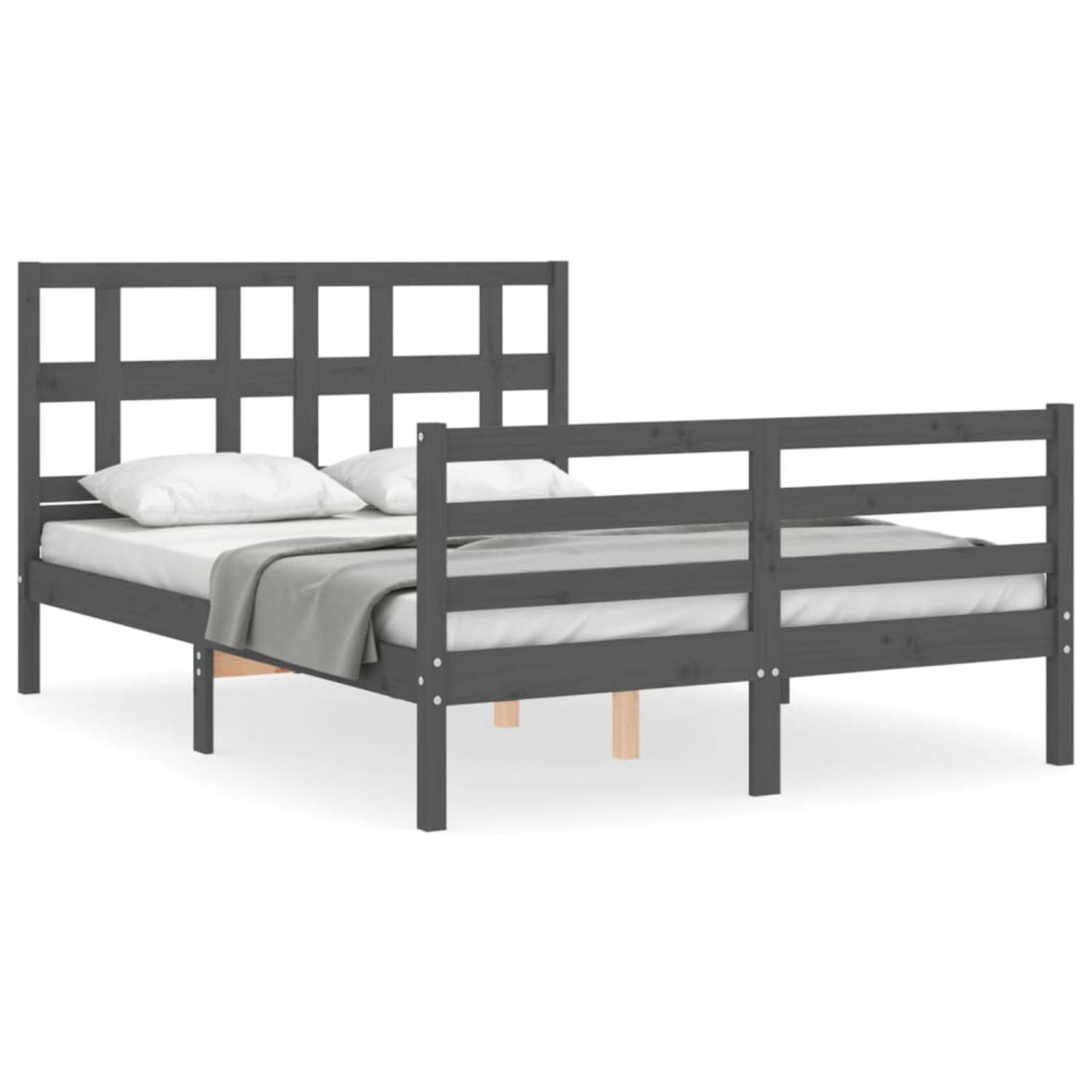 The Living Store Bedframe met hoofdbord massief hout grijs 4FT Small Double - Bedframe - Bedframes - Bed - Tweepersoonsbed - Slaapkamermeubel - Houten Bedframe - Houten Bed - Bedbo